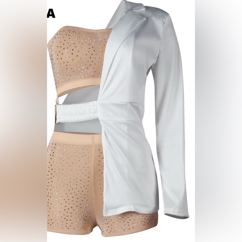 Beige Studded Strapless Romper with White blazer